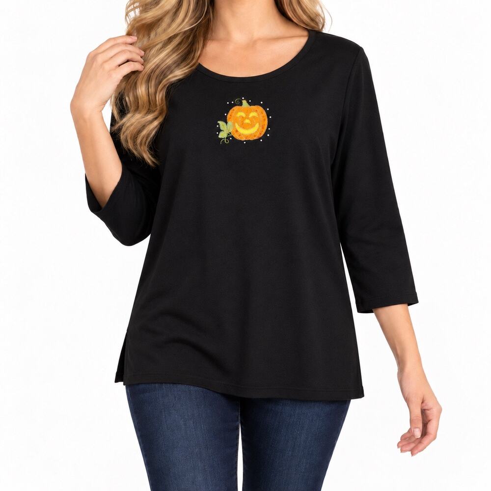 The Quacker Factory Plus Size 2X Halloween Pumpkin Holiday Blouse Shirt Top